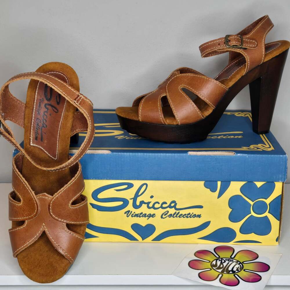 Sbicca Vintage Collection Brown Leather Ankle Strap Platform Heels Women’s 9